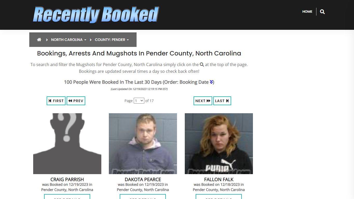 Bookings, Arrests and Mugshots in Pender County, North Carolina